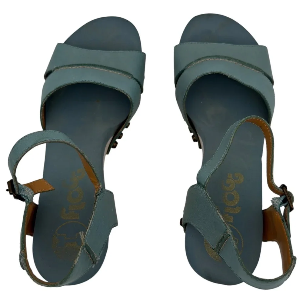 Flogg Wooden Platform Sandals‎ Teal Leather Studded Heels Women's 7.5